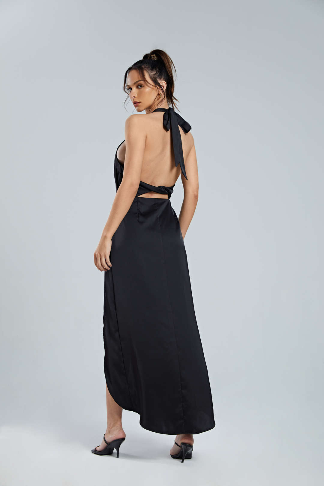 Halter Backless Satin Wrap Midi Dress