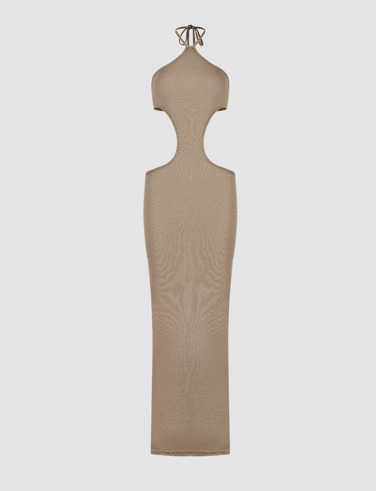 Ribbed Knit Cutout Waist Long Dress