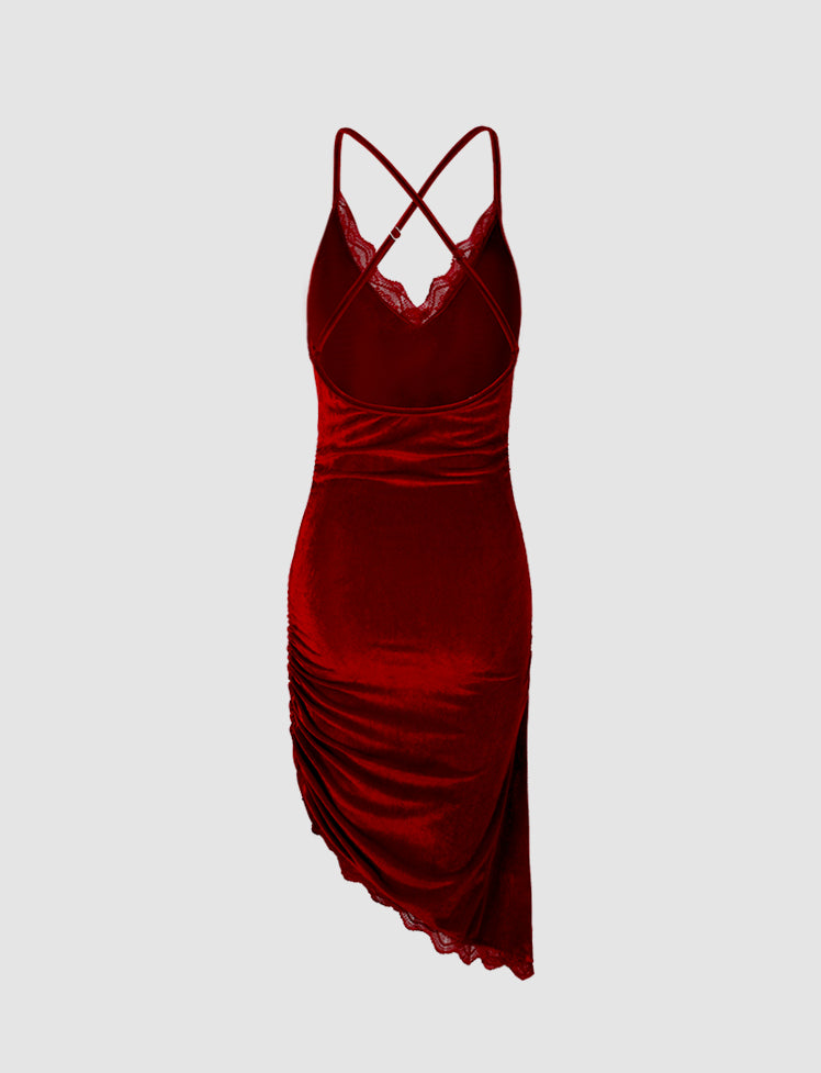 Red Lace Trim Cross Cami Suede Dress