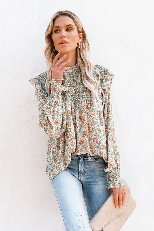 Evermore Floral Print Smocked Ruffle Top