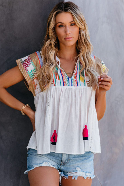 Preorder-Keep Dreamin' Tassel Boho Embroidered Top