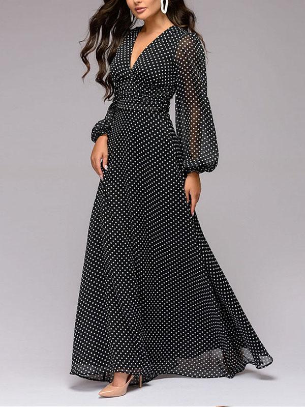 Polka dot print evening dress V collar sexy chiffon long sleeve vintage maxi dress