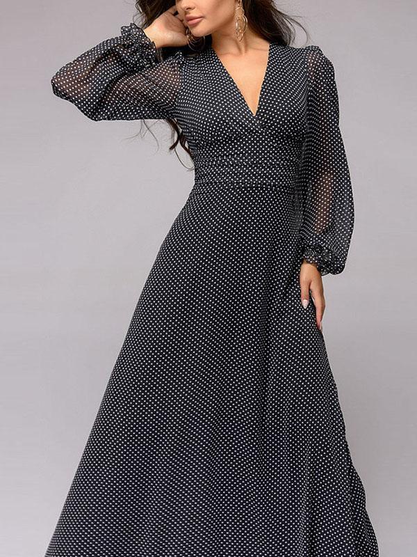 Polka dot print evening dress V collar sexy chiffon long sleeve vintage maxi dress