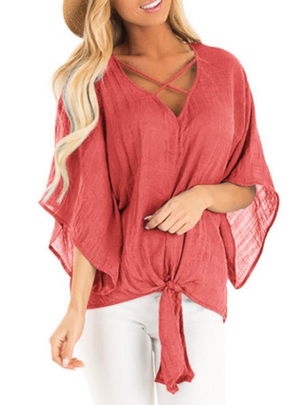 Plain V Neck Flare Sleeve Knot Casual Blouses