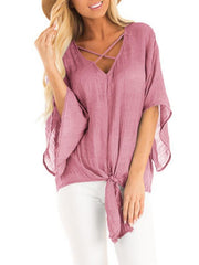 Plain V Neck Flare Sleeve Knot Casual Blouses