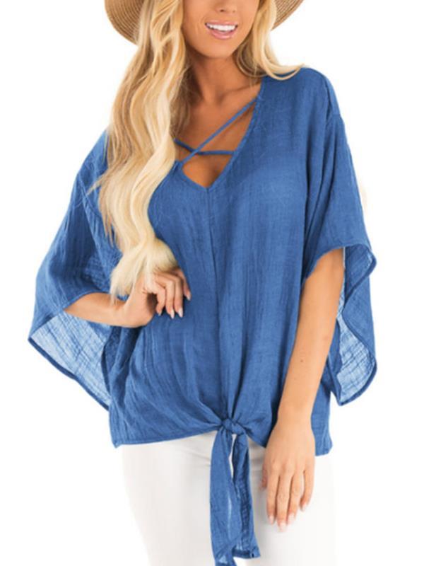 Plain V Neck Flare Sleeve Knot Casual Blouses