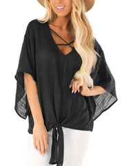 Plain V Neck Flare Sleeve Knot Casual Blouses