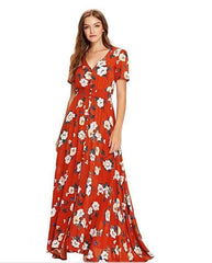 Print V neck Short sleeve Maxi Dresses