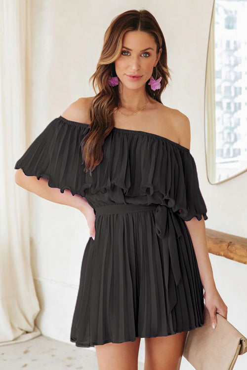 Pleat The Way Off Shoulder Tie-Waist Romper