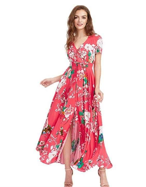 Print V neck Short sleeve Maxi Dresses