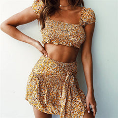 Yellow Floral Crop Top and Skirt Matching Sets