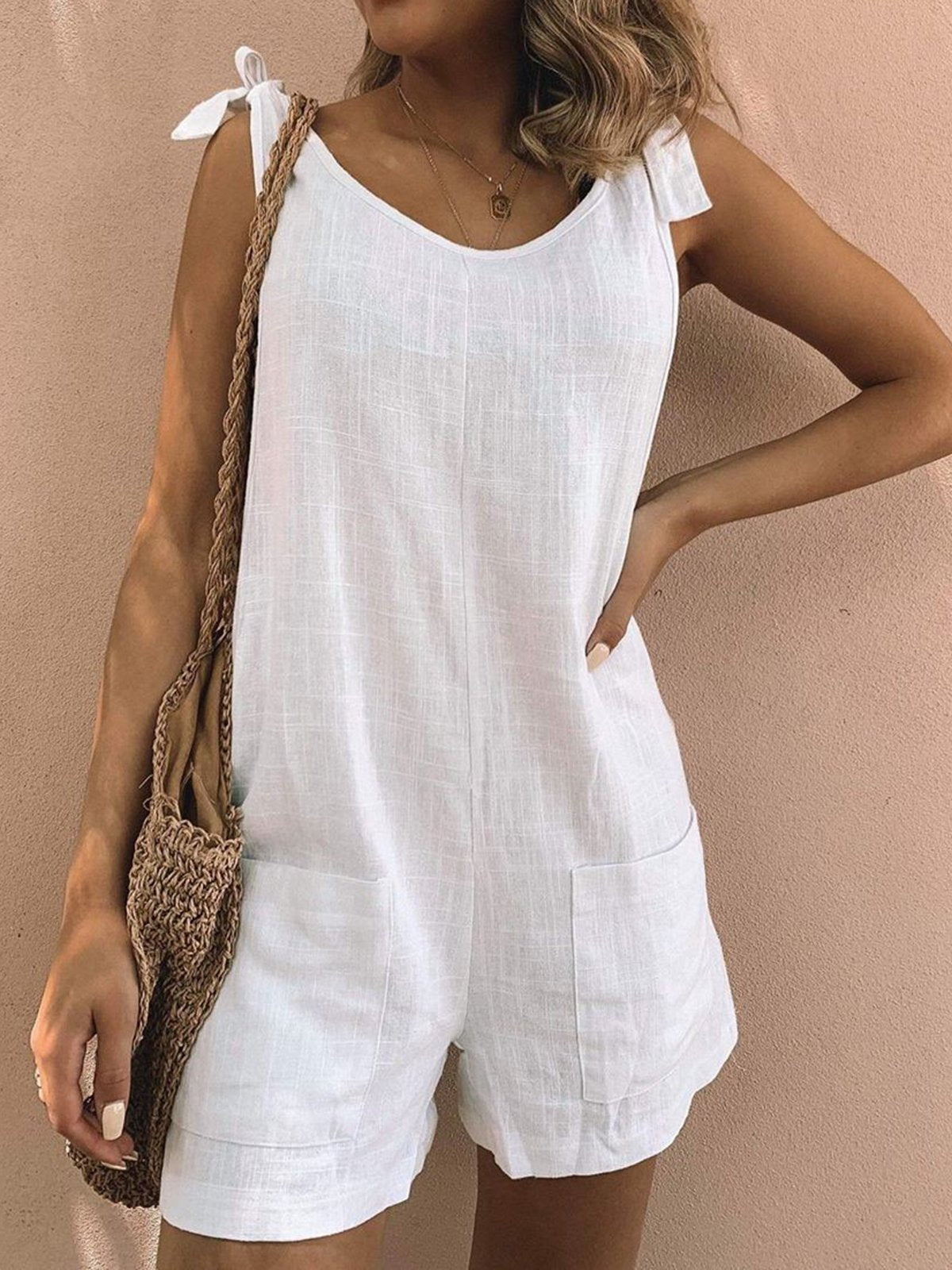 Pockets Sleeveless Casual Linen Rompers