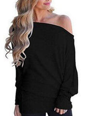 Plain knit long bat sleeve one off shoulder T-shirts