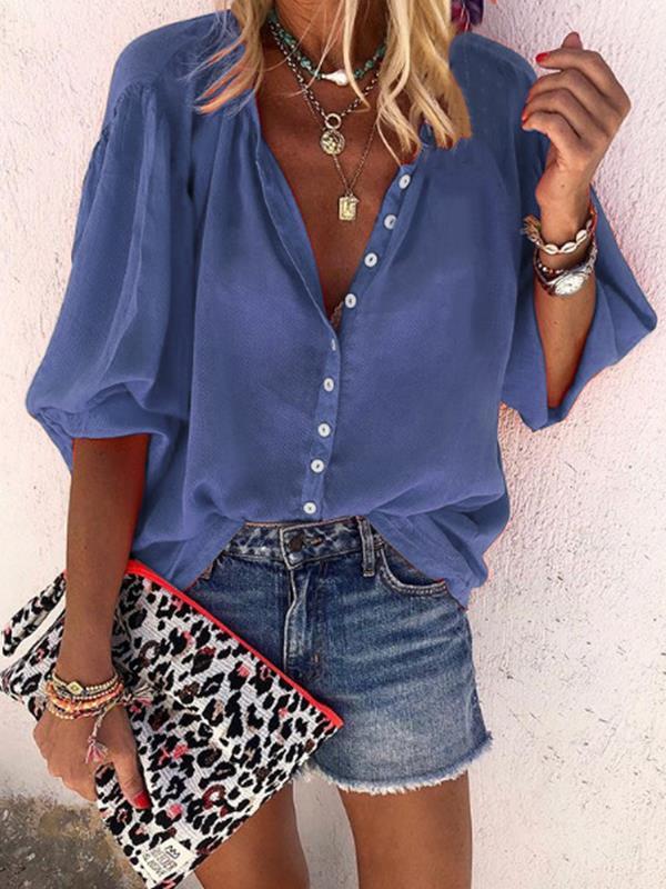 Plain long sleeve v-neck button women Blouses