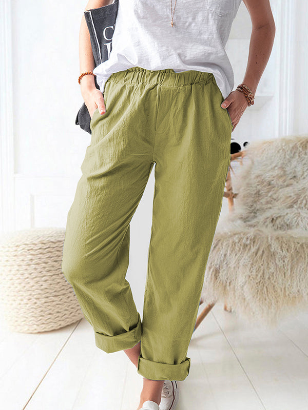 Pure color casual elastic high-waist straight-leg trousers long pants