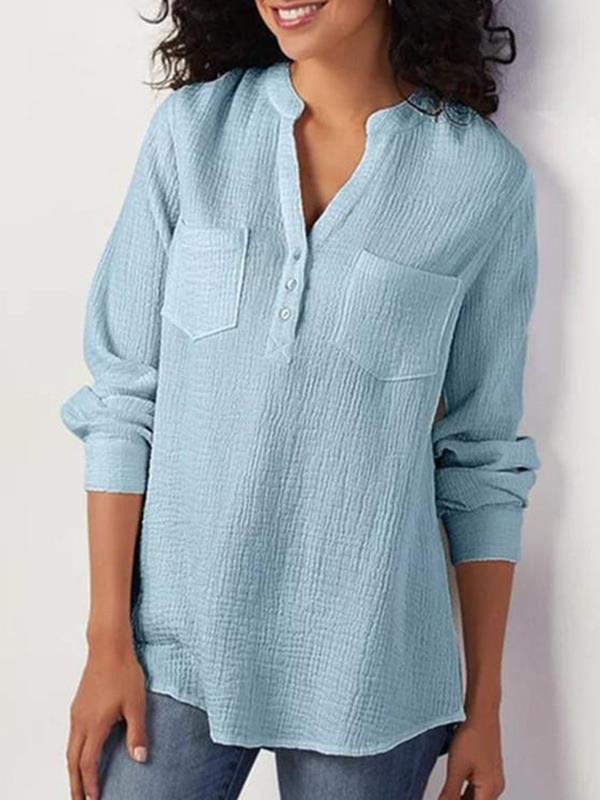 Plain v-neck pocket cotton and linen blend blouses