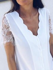 Plain petal v-neck lace short-sleeved T-shirt