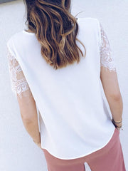 Plain petal v-neck lace short-sleeved T-shirt