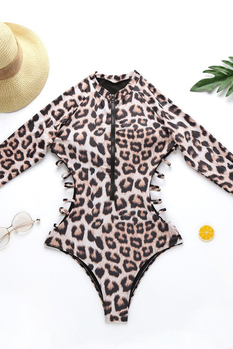 Zipper Leopard Long Sleeve One Piece Swimwear