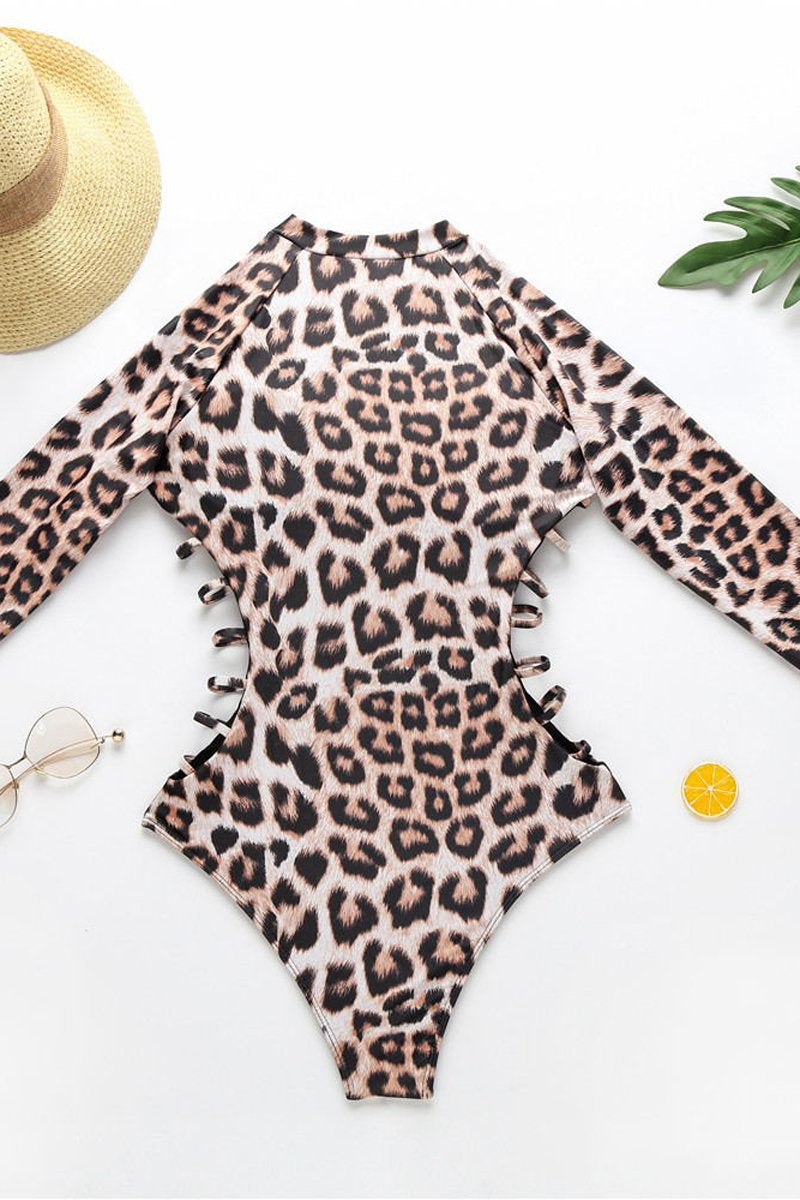 Zipper Leopard Long Sleeve One Piece Swimwear