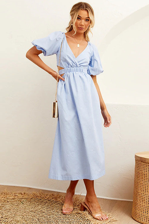 In Love Forever Puff Sleeve Cutout Midi Dress