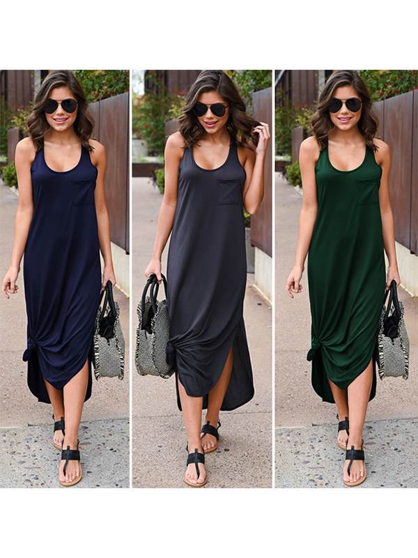 Plain Women Daily Long Sleeveless U neck Maxi Dresses