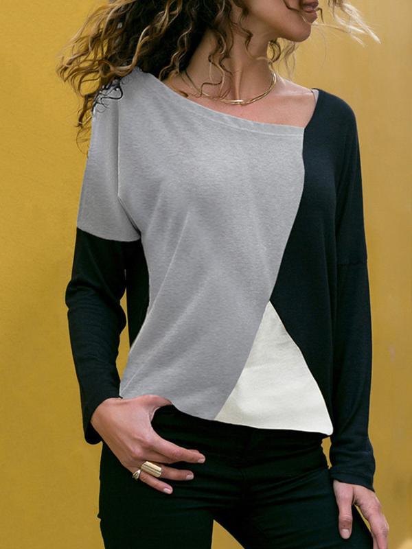Popular stitching color round collar casual long sleeve T-shirt