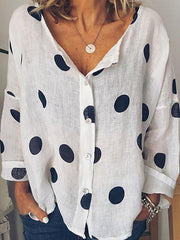 Printed polka dot v-neck long sleeves button blouses