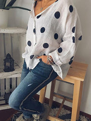 Printed polka dot v-neck long sleeves button blouses