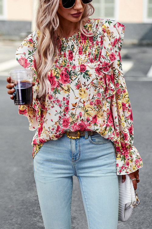 By The Garden Floral Print Long Sleeve Smocked Top