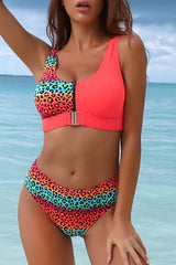 Zipper Leopard Two Pieces Swimwear