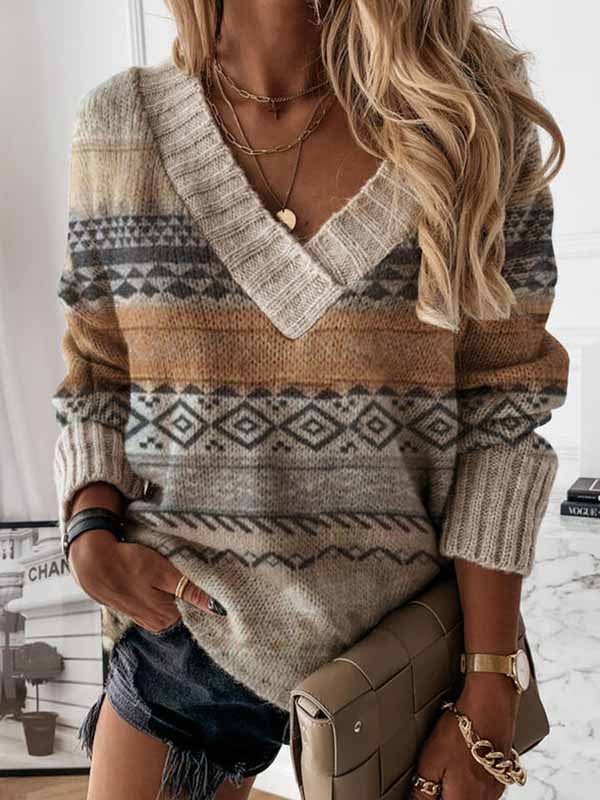 Printed V-neck casual sweater ladies loose long-sleeved knit sweaters