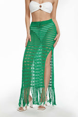 Fringe Hem Openwork Knit Cover Up Skirt