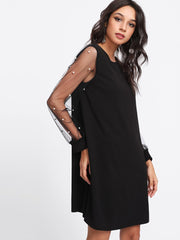 Pearl Beading Mesh Sleeve Dress