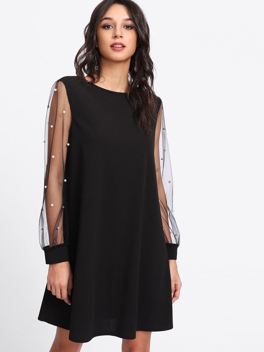 Pearl Beading Mesh Sleeve Dress