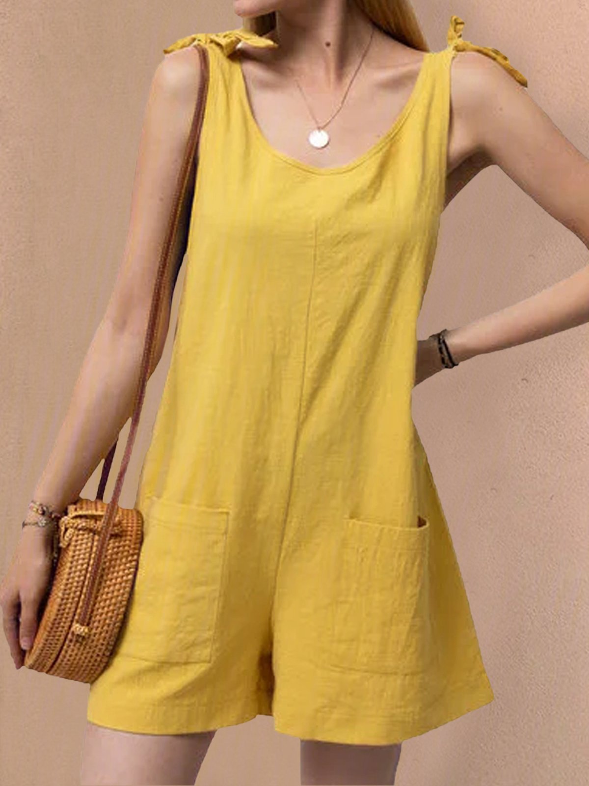 Pockets Sleeveless Casual Linen Rompers