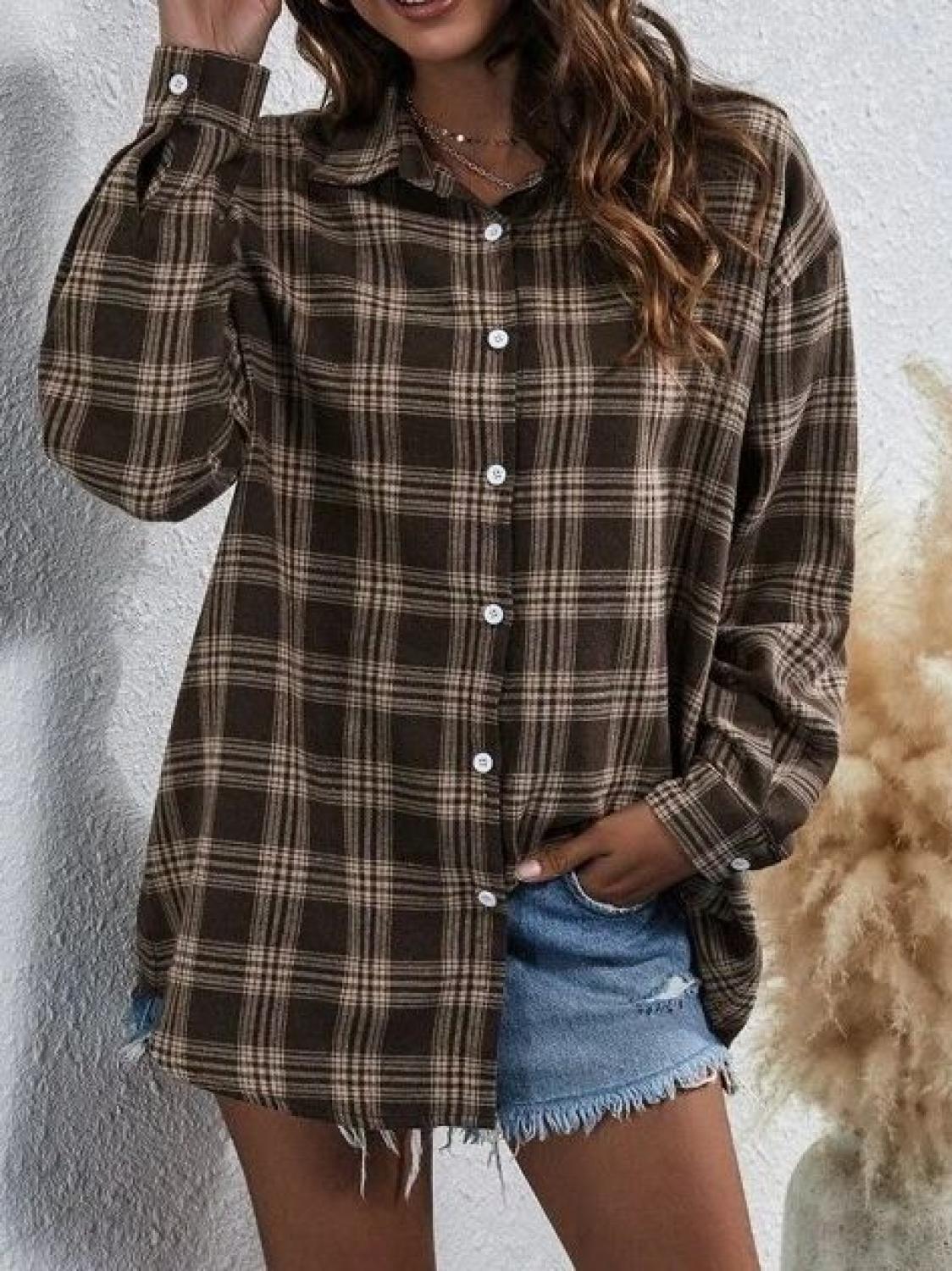 Plaid Collar Button Long Sleeve Shirt Blouses