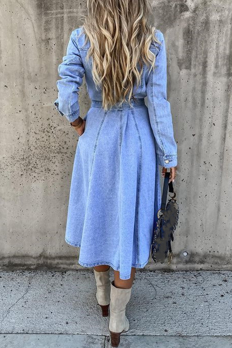 Work Elegant Solid Patchwork Pocket Frenulum Buckle Turndown Collar Long Sleeve High Waist Regular Denim Dresses