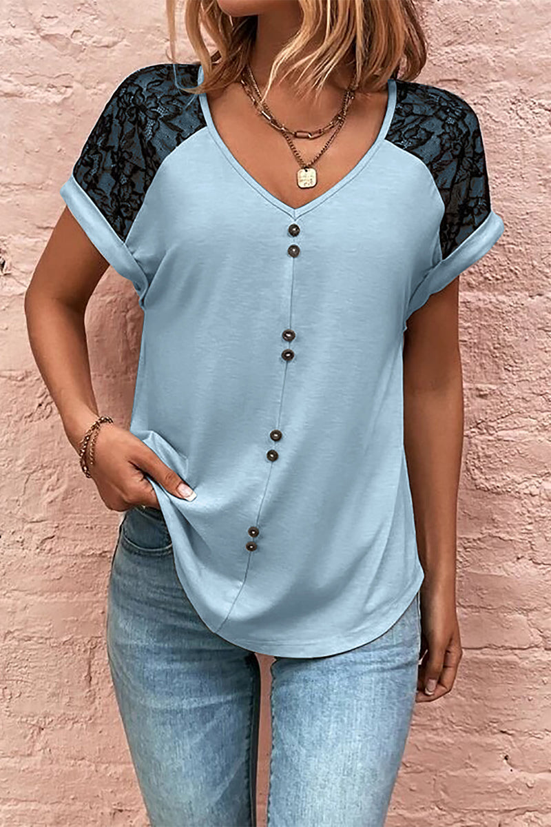 Print Lace Buttons V Neck T-Shirts