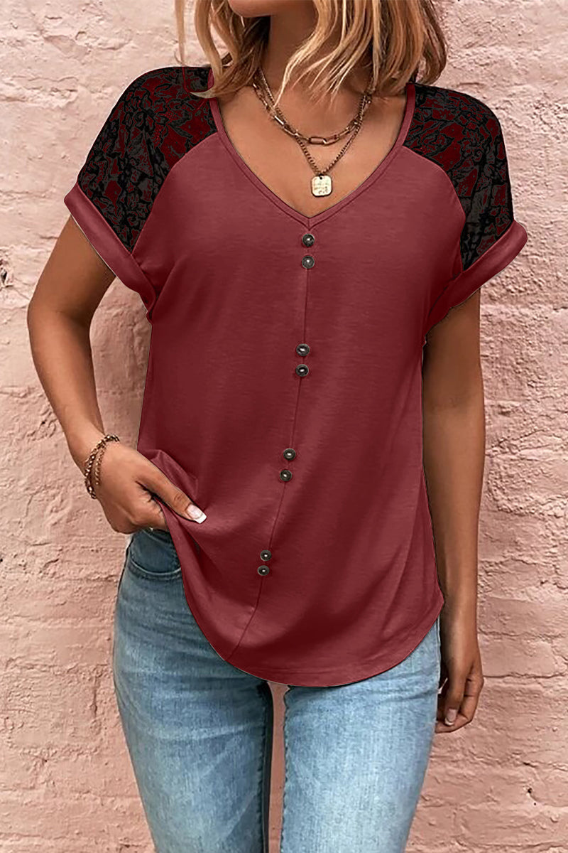 Print Lace Buttons V Neck T-Shirts