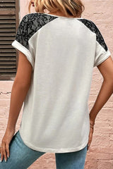 Print Lace Buttons V Neck T-Shirts