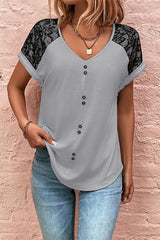 Print Lace Buttons V Neck T-Shirts