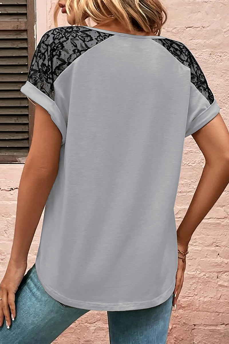 Print Lace Buttons V Neck T-Shirts