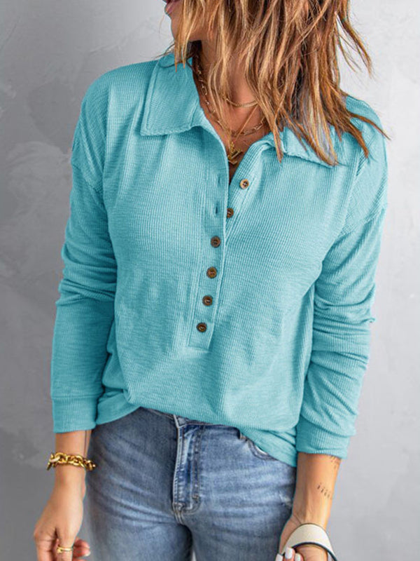 Plain turn down neck button design women blouses