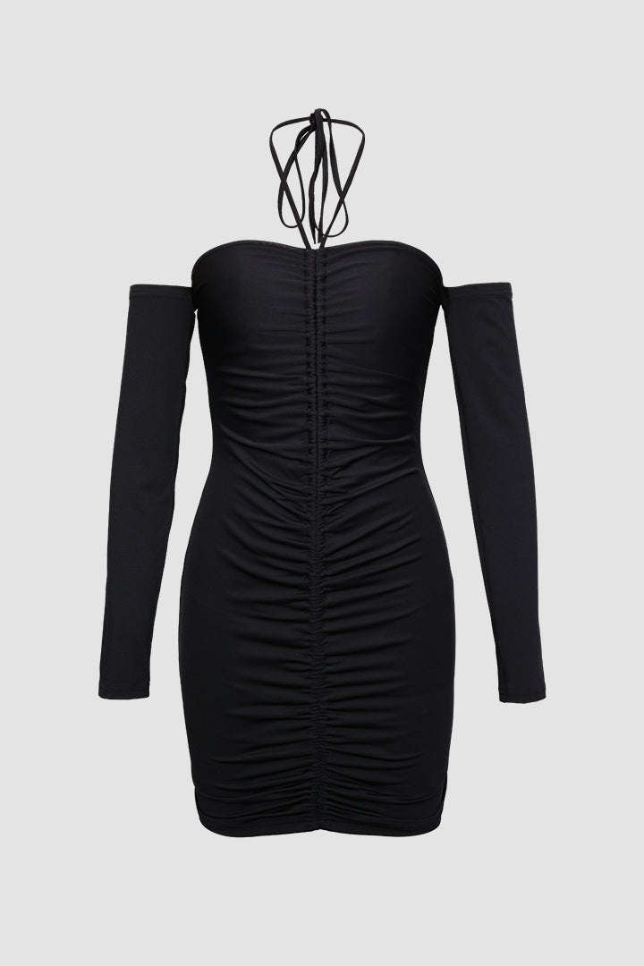 Halter Ruched Long Sleeve Black Dress