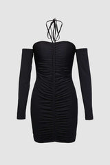 Halter Ruched Long Sleeve Black Dress