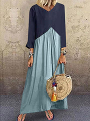 Patchwork color irregular long sleeve maxi dresses