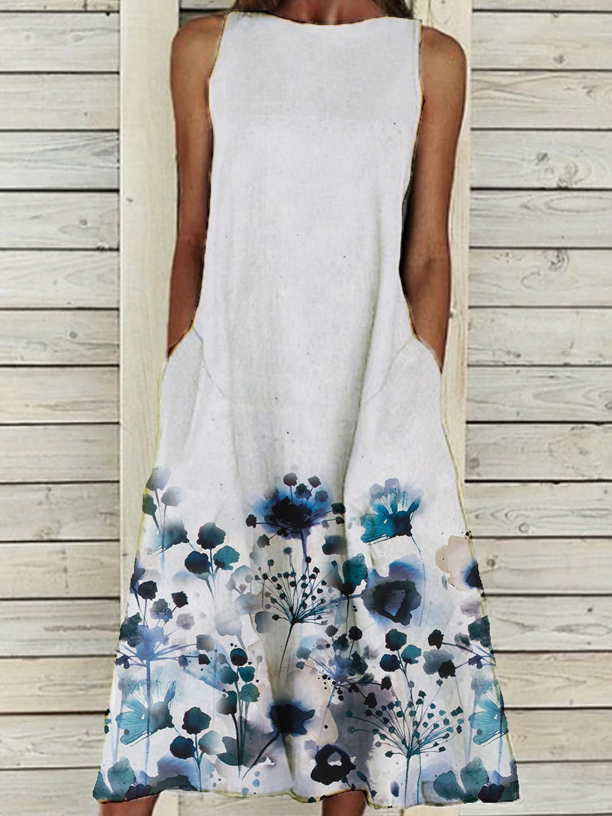 Pockets Elegant Cotton-Blend Floral Dresses
