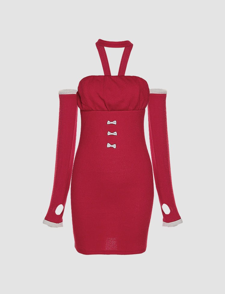 Red Bow Halter Off-the-shoulder Dress