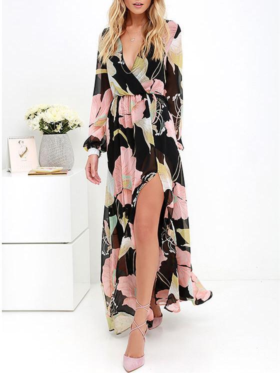 Pretty Side Split Floral Printed V Neck Long Sleeves Maxi Dress
